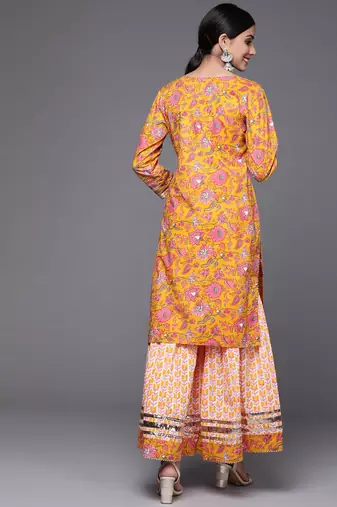 Women Mustard Yellow & White Ethnic Print Print Pure Cotton Kurta with Sharara