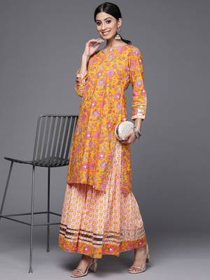 Women Mustard Yellow & White Ethnic Print Print Pure Cotton Kurta with Sharara 6