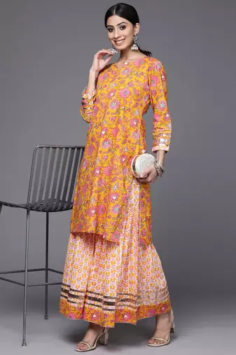 Women Mustard Yellow & White Ethnic Print Print Pure Cotton Kurta with Sharara