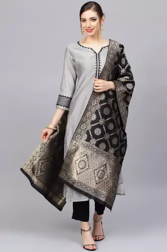 Women Grey & Black Zari & Thread Work Kurta with Trousers & Dupatta