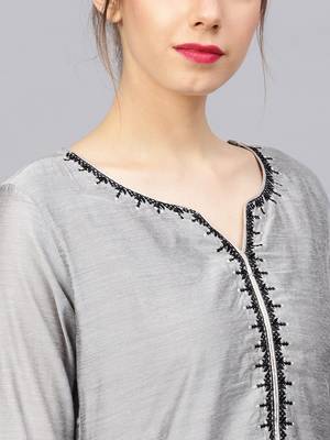 Women Grey & Black Zari & Thread Work Kurta with Trousers & Dupatta 2