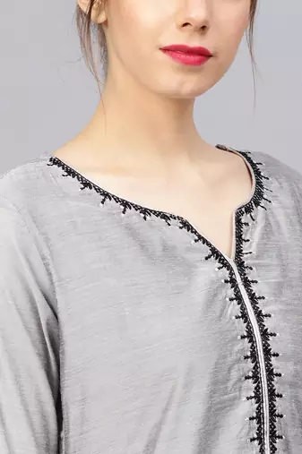 Women Grey & Black Zari & Thread Work Kurta with Trousers & Dupatta