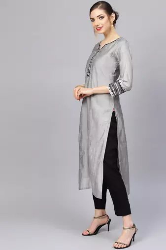 Women Grey & Black Zari & Thread Work Kurta with Trousers & Dupatta