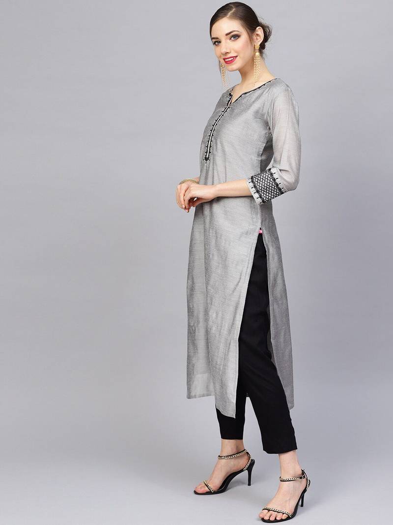 Women Grey & Black Zari & Thread Work Kurta with Trousers & Dupatta