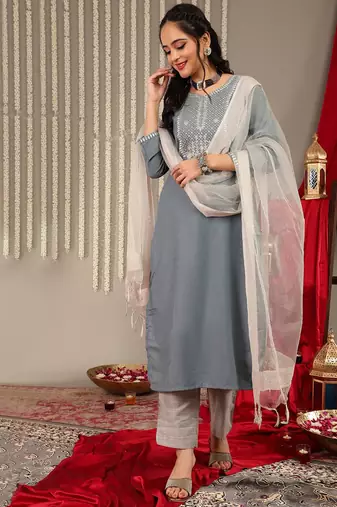 Floral Yoke Design Sequinned Kurta & Trousers With Dupatta