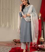 Floral Yoke Design Sequinned Kurta & Trousers With Dupatta