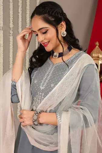 Floral Yoke Design Sequinned Kurta & Trousers With Dupatta