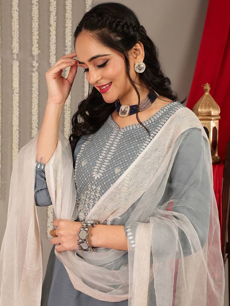 Floral Yoke Design Sequinned Kurta & Trousers With Dupatta
