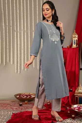 Floral Yoke Design Sequinned Kurta & Trousers With Dupatta
