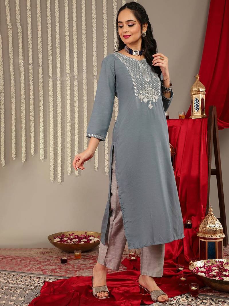 Floral Yoke Design Sequinned Kurta & Trousers With Dupatta