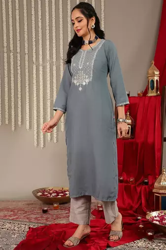 Floral Yoke Design Sequinned Kurta & Trousers With Dupatta