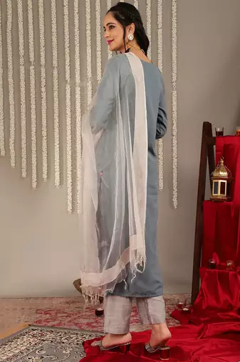 Floral Yoke Design Sequinned Kurta & Trousers With Dupatta