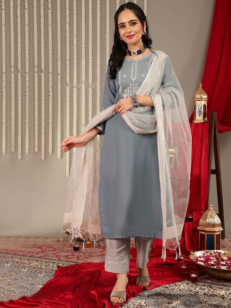 Floral Yoke Design Sequinned Kurta & Trousers With Dupatta