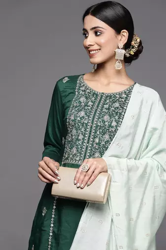 Women Green Ethnic Motifs Yoke Design Gotta Patti Pure Cotton Kurta with Trousers & With Dupatta