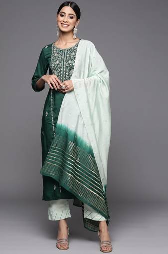 Women Green Ethnic Motifs Yoke Design Gotta Patti Pure Cotton Kurta with Trousers & With Dupatta