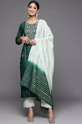 Women Green Ethnic Motifs Yoke Design Gotta Patti Pure Cotton Kurta with Trousers & With Dupatta