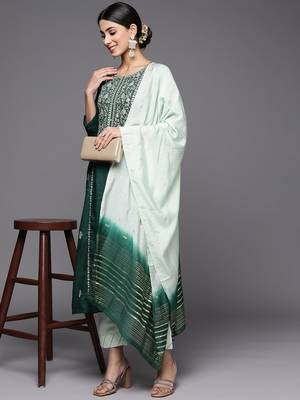 Women Green Ethnic Motifs Yoke Design Gotta Patti Pure Cotton Kurta with Trousers & With Dupatta 7