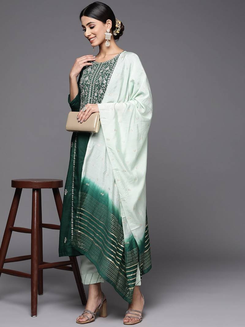 Women Green Ethnic Motifs Yoke Design Gotta Patti Pure Cotton Kurta with Trousers & With Dupatta