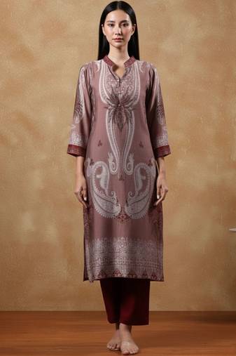 Paisley Printed Mandarin Collar Straight Kurta With Trousers