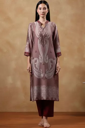 Paisley Printed Mandarin Collar Straight Kurta With Trousers