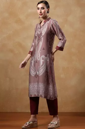Paisley Printed Mandarin Collar Straight Kurta With Trousers