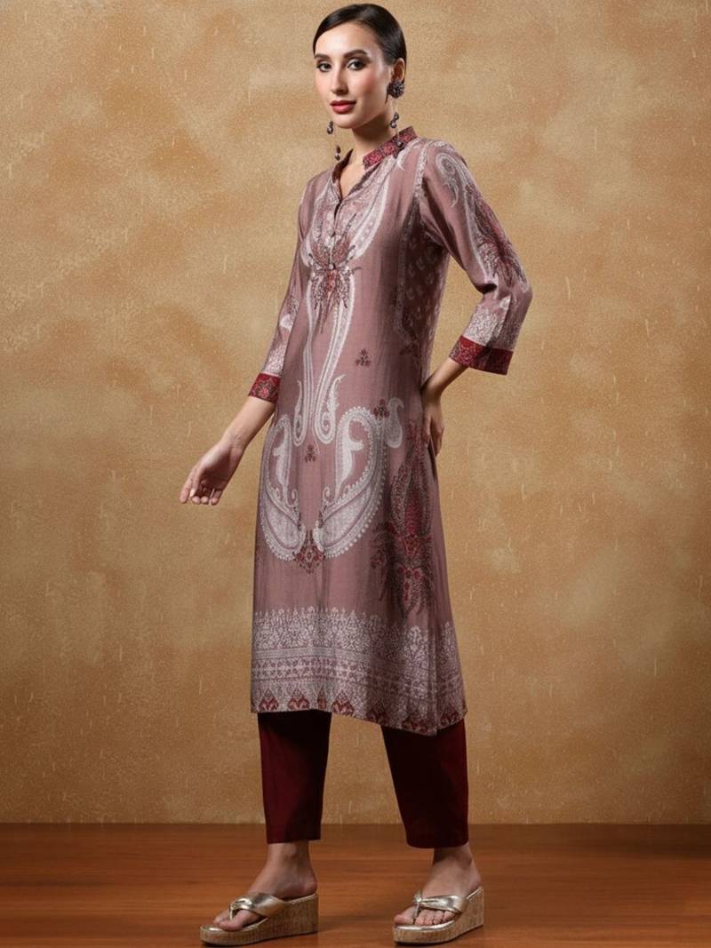 Paisley Printed Mandarin Collar Straight Kurta With Trousers