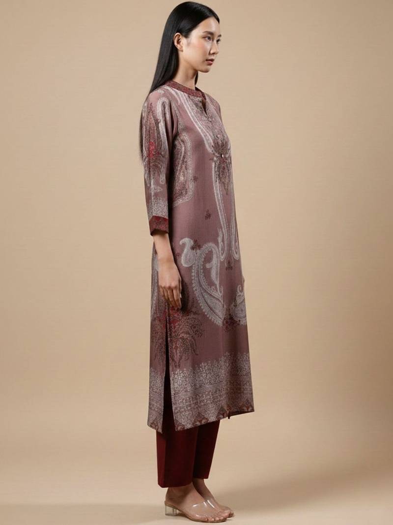 Paisley Printed Mandarin Collar Straight Kurta With Trousers