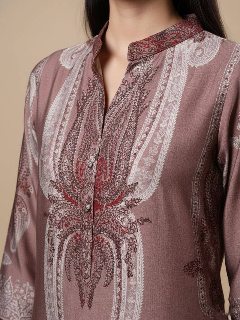 Paisley Printed Mandarin Collar Straight Kurta With Trousers
