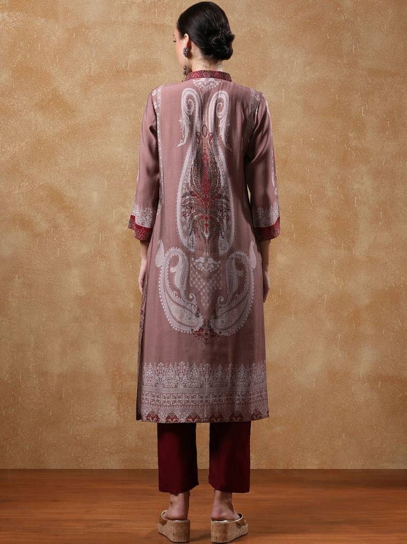 Paisley Printed Mandarin Collar Straight Kurta With Trousers