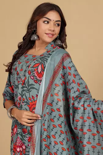 Women Floral Printed Mandarin Collar Kurta with Trousers & Dupatta