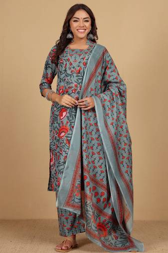 Women Floral Printed Mandarin Collar Kurta with Trousers & Dupatta
