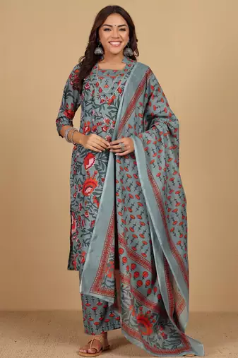 Women Floral Printed Mandarin Collar Kurta with Trousers & Dupatta