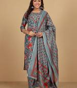 Women Floral Printed Mandarin Collar Kurta with Trousers & Dupatta