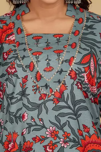 Women Floral Printed Mandarin Collar Kurta with Trousers & Dupatta