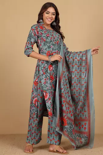 Women Floral Printed Mandarin Collar Kurta with Trousers & Dupatta