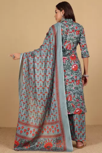 Women Floral Printed Mandarin Collar Kurta with Trousers & Dupatta
