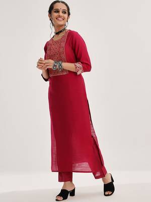 Ethnic Motifs Yoke Design Straight Kurta & Trousers With Dupatta 5