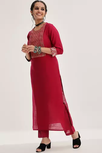Ethnic Motifs Yoke Design Straight Kurta & Trousers With Dupatta