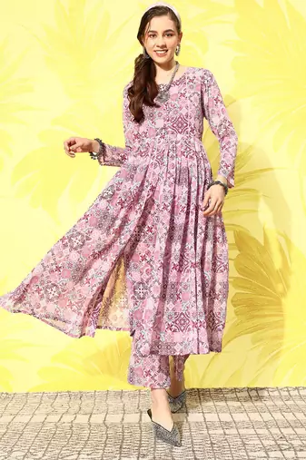 Women Ethnic Motifs Printed Empire Silk Georgette Kurta with Trousers