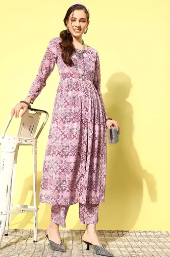 Women Ethnic Motifs Printed Empire Silk Georgette Kurta with Trousers