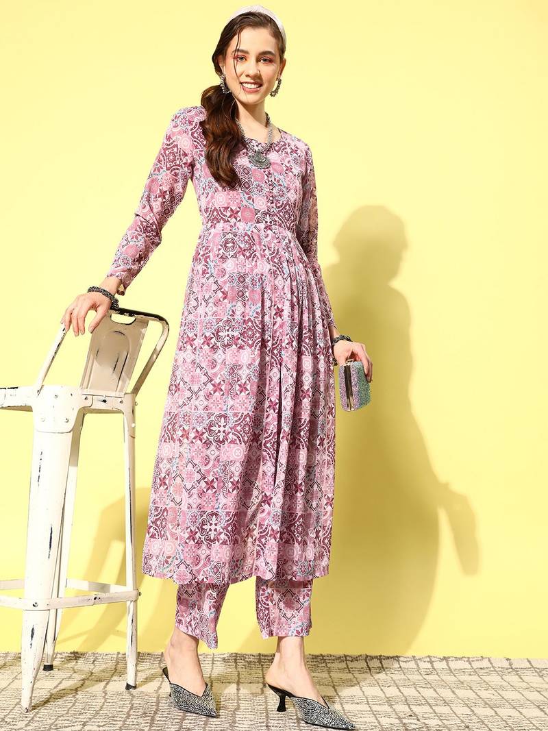 Women Ethnic Motifs Printed Empire Silk Georgette Kurta with Trousers