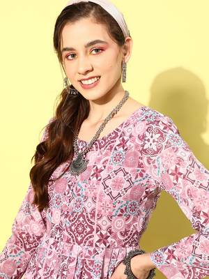 Women Ethnic Motifs Printed Empire Silk Georgette Kurta with Trousers 3
