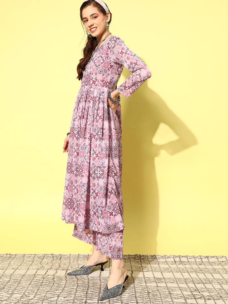 Women Ethnic Motifs Printed Empire Silk Georgette Kurta with Trousers
