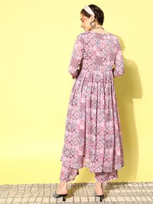 Women Ethnic Motifs Printed Empire Silk Georgette Kurta with Trousers 5