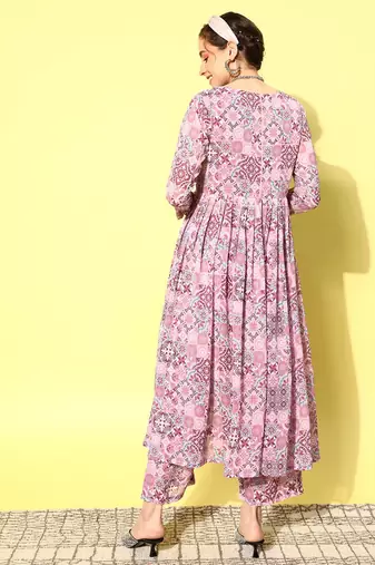 Women Ethnic Motifs Printed Empire Silk Georgette Kurta with Trousers