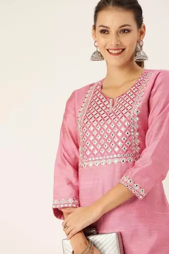 Yoke Design Mirror Work Kurta with Trousers