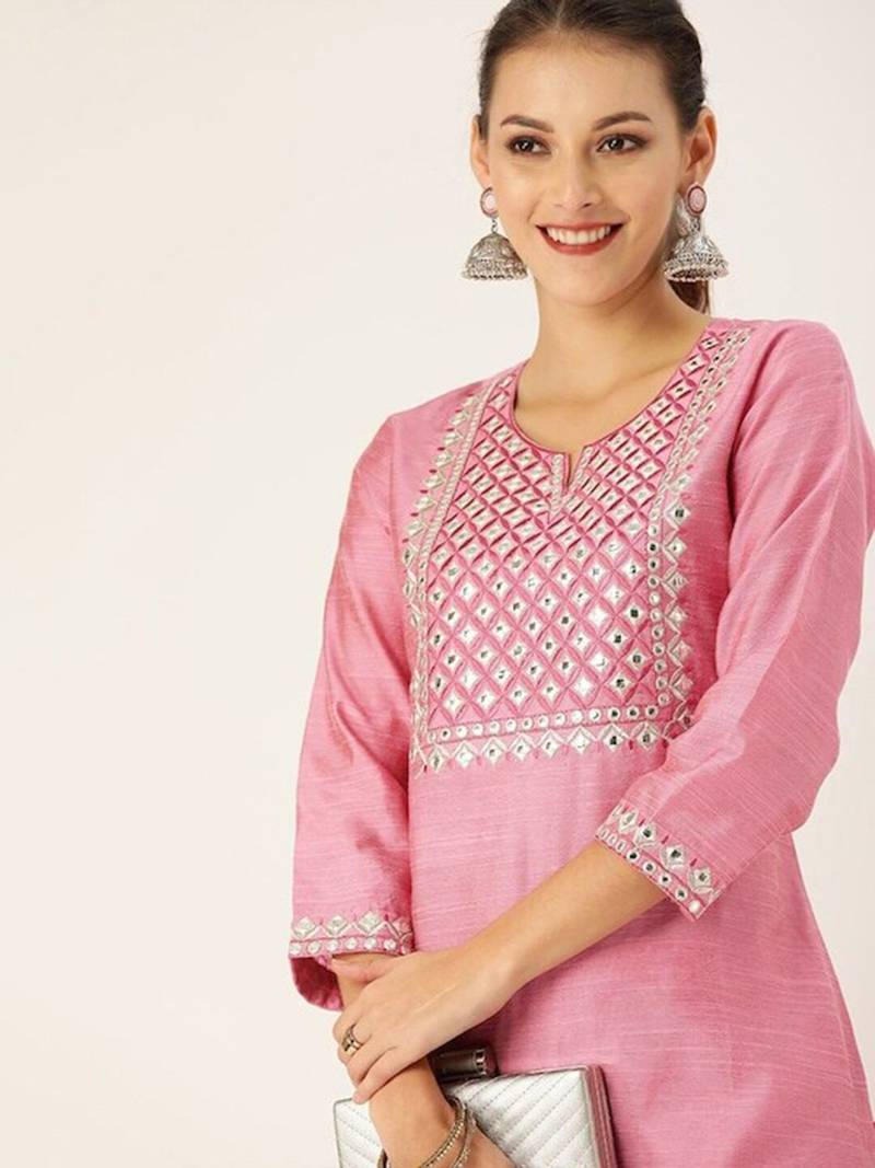 Yoke Design Mirror Work Kurta with Trousers