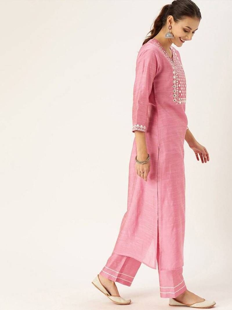 Yoke Design Mirror Work Kurta with Trousers