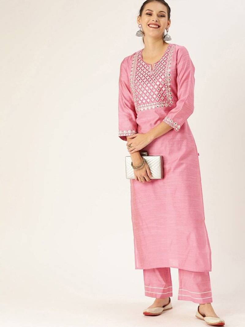 Yoke Design Mirror Work Kurta with Trousers