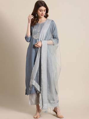 Women Blue & Silver Sequinned Yoke Design Kurta with Trousers & Dupatta 1